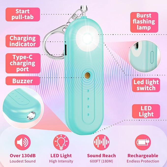 Rechargeable Personal Safety Alarm for Women - 130dB Self Defense Keychain Alarm Whistle with SOS Strobe Light, Low Battery Notice - Security Protection Devices for Kids Elderly College Essentials