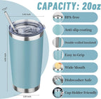 20 oz Tumbler with Lids and Straws, Stainless Steel Insulated Travel Coffee Mug, Double Wall Vacuum Insulated Tumblers, Powder Coated Coffee Tumbler for Cold & Hot Drinks (Azure Blue,4pack)