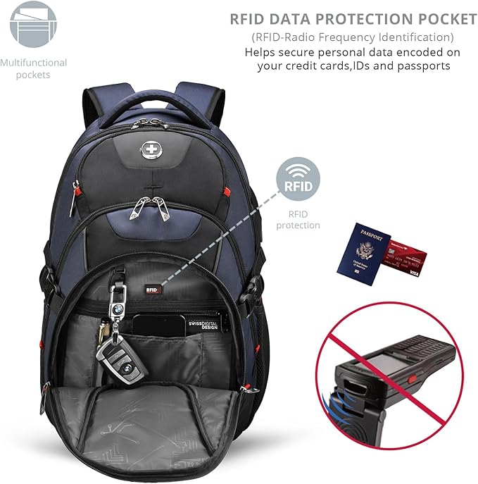 Swissdigital Design Laptop Backpack, Travel Backpack with USB Charging Port Fits 15.6 inches Computer, 31L College School Bookbag for Men, Blue/Black | SD803-12