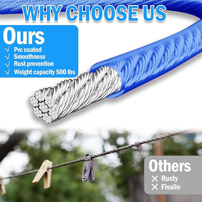 40ft Clothes Line Outdoors 3/16" Wire Ropes Blue PVC Coating Laundry Drying Clothesline Retractor with Metal Hooks Heavy Duty for Umbrella Travel Outside Camping Backyard