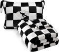 Travel Blanket and Pillow Compact, Premium Soft 2 in 1 Airplane Blanket with Soft Bag Pillowcase，Hand Luggage Sleeve and Backpack Clip (Checkered Black)