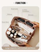 EACHY Travel Makeup Bag, Large Capacity Cosmetic Bag for Women, Waterproof PU Leather, Flat Open Portable Toiletry Bag for Skincare, Brushes & Travel Essentials