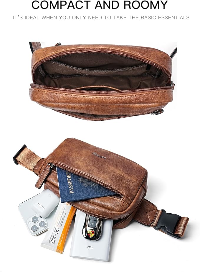 LATMAP 2L Fanny Packs Everywhere Belt Bag Small Fashion Crossbody Waist Pack Faux Leather Waterproof Sling Chest Bag For Women Trendy Brown