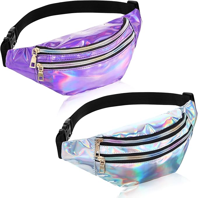 Frienda 2 Pieces Holographic Fanny Pack for Women Colorful Sport Waist Bag Pack