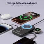 Magnetic Portable Charger Built-in Cables,10000mAh Fast Charging Wireless Charger Station External Battery Pack Slim Pocket Size Power Bank with Stand Compatible with iWatch, iPhone