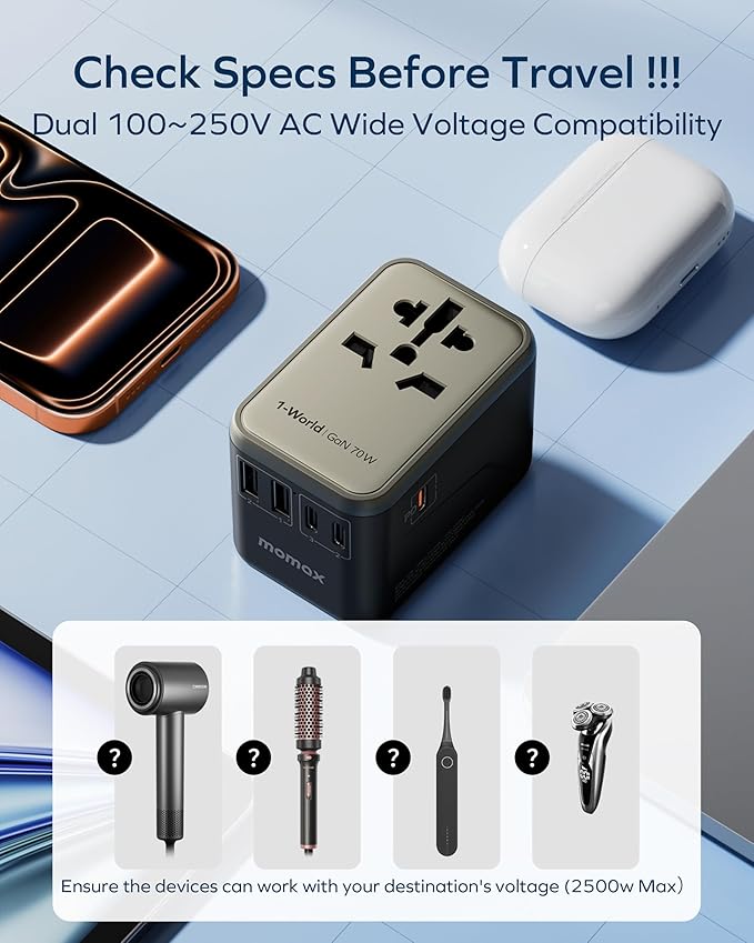 MOMAX Universal Travel Adapter 70W GaN, 3 USB-C PD & 2 USB-A QC, International Power Adapter Outlet, 6-in-1 Wall Charger for Laptop, Phone, European Travel Plug Adapter for UK/US/AUS/JP