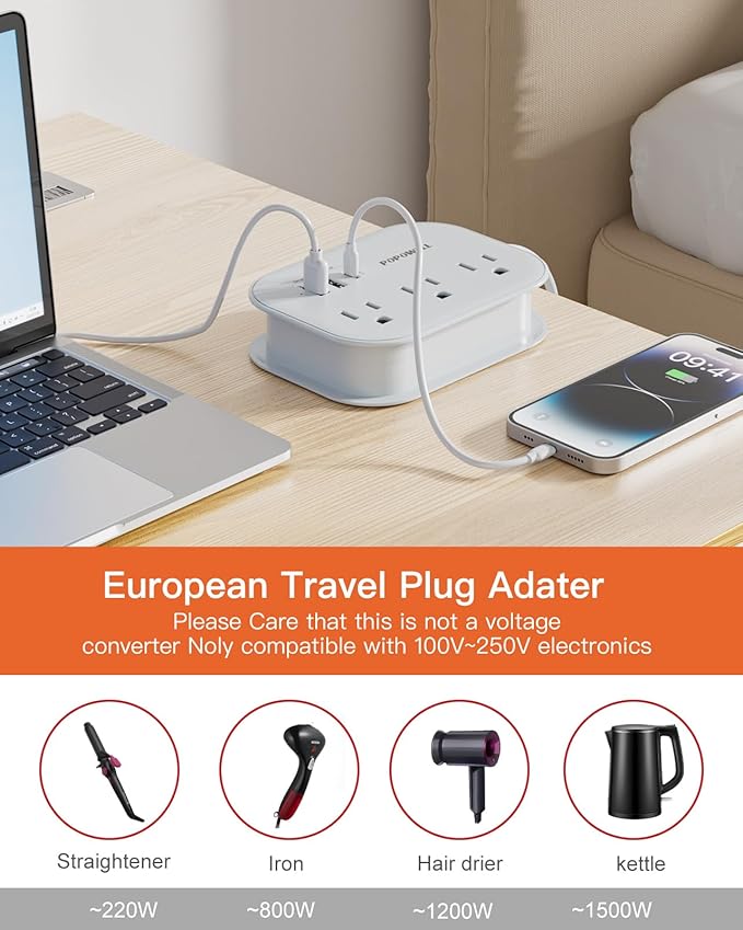 European Travel Plug Adapter USB C, Popowell International European Plug Adapter, 4 FT Travel Power Strip with 3 Outlets & 3 USB, Type C Power Adapter Travel Essential for Italy Spain France Germany.