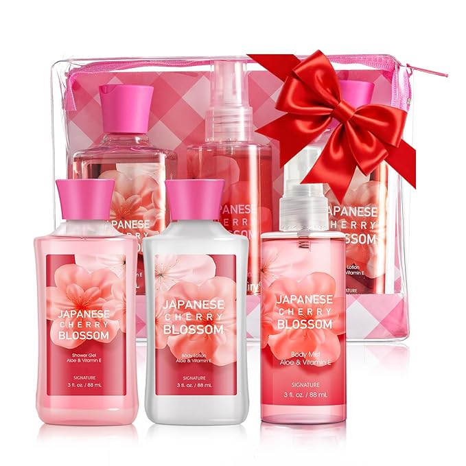 Bath Gift for Women and Girls, Japanese Cherry Blossom Spa Set With Natural Extracts, 3PCS Set - Shower Gel, Lotion, Mist, Personal Self Care Kit, Body Care Travel Set