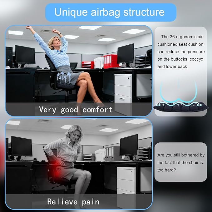Portable Travel Airplane Seat Cushion, 3D Air Cell Tech with Built-in Pump, Adjustable Firmness Back & Tailbone Support, Ideal for Long Flights, Office, Car, Wheelchair,Great for Soccer Watching