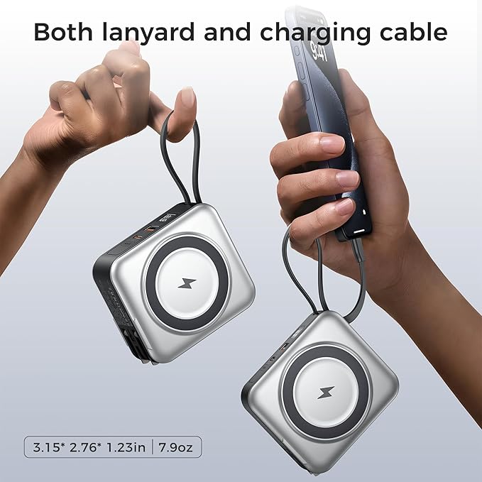 6-in-1 Magnetic Wireless Portable Charger 10000mAh – 22.5W Fast Charging with AC Wall Plug Built-in USB-C & Lightning Cables for iPhone 17/16/15/14/13/12, Android & Samsung(Silver)