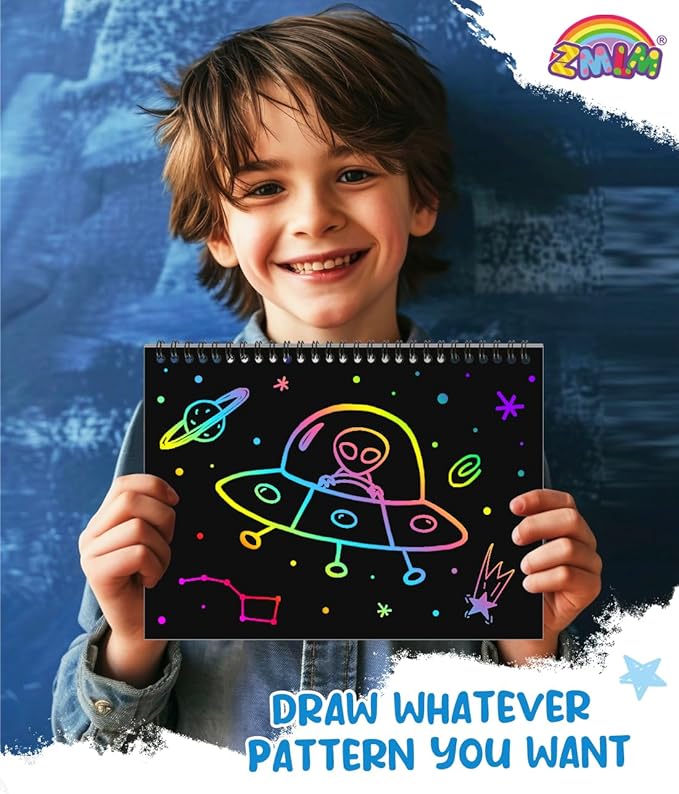 ZMLM Scratch Paper Art-Crafts Gift: 2 Pack Rainbow Notebooks Supplies Toys Easter Basket Stuffers for 3 4 5 6 7 8 9 10 Years Old Girls and Boys Kids Valentine's Day Birthday Party Games (Blue)