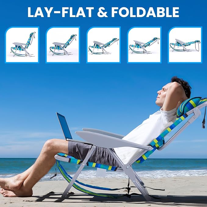 2 Pack Lightweight Portable Camping Beach Chair for Adults, Outdoor Lay Flat Folding Beach Chairs with 5 Positions, Backpack Beach Chair with Towel Bar, Zipper Pouch, Cup Holder, Ocean Striped