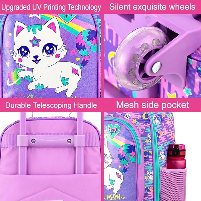 2Pcs Kids Suitcase for Girls, 18" Cat Carry on Luggage Set with Wheels, Cute Travel Rolling with 12" Toddler Backpack(Purple)