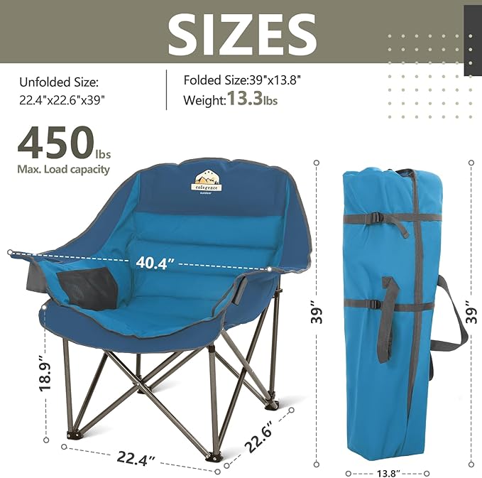 Colegence Oversized XL Padded Camping Chair Wide Heavy Duty Lawn Chairs Support 450 LBS Portable Folding Gaint Plus Camp Chair with Side Pocket Cup Holder for Outdoor Outside Sports Baseball-Blue