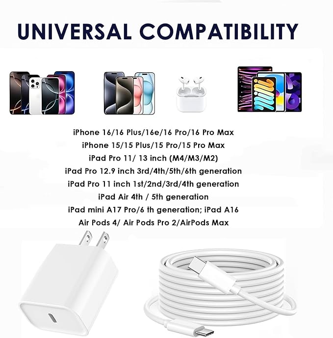 10FT iPhone 17 16 15 Fast Charger, 20W iPhone 17 Charger Fast Charging USB C Block Cube with 10FT Long USBC to USBC Cable for iPhone Air/17 Pro/17 Pro Max/16 Pro Max/16Pro/16/15Pro/15 Plus/15,iPad Air