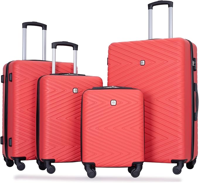 Tripcomp 4-Piece Hardside Luggage Set with TSA Lock, Lightweight ABS Suitcases With Spinner Wheel Scratch Resistant, 16/20/24/28 inch, Vibrant Red