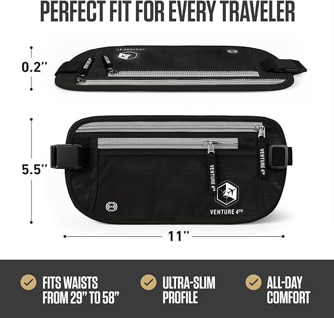 VENTURE 4TH RFID Money Belt for Travel with RFID Blocking Sleeves – Slim Hidden Travel Wallet & Passport Holder for Men & Women, Lightweight Anti-Theft Pouch to Protect Cash, Cards & Documents - Black