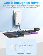 Portable Phone Charger, 10000mAh PD20W Fast Charging Power Bank with Built-in Cables & Wall Plug, External Battery Bank with LED Display, Travel Essential Battery Pack for iPhone, iPad, Samsung White