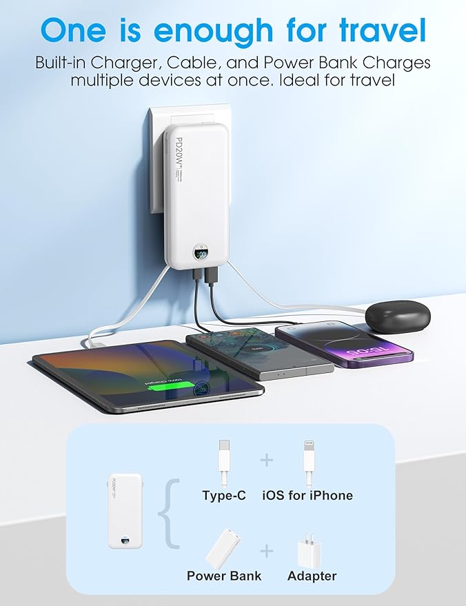 Portable Phone Charger, 10000mAh PD20W Fast Charging Power Bank with Built-in Cables & Wall Plug, External Battery Bank with LED Display, Travel Essential Battery Pack for iPhone, iPad, Samsung White