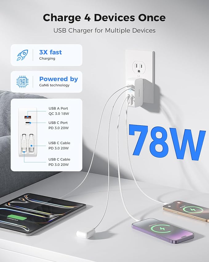 SUPERONE Retractable iPhone Charger, 4-Port USB C Charger Block, iPhone Chargers Fast Charging with Dual USB C Cable, Wall Chargers for iPhones 17/16/15/14/13/12/11 Series, Pad, Samsung, Pixel