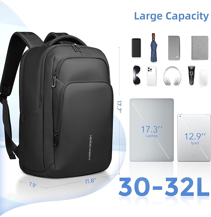 17.3 Inch Laptop Backpack for Men Women, 30L Travel Backpack Carry-On Flight Approved,Work Computer Backpack with USB A&C Port, Business Laptop Bag, Water-Resistant Anti-Theft Daypack - Black