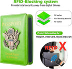RFID Passport Holder for Travel Men, US Passport Cover Wallet Case, RFID Blocking Waterproof Leather Travel Wallet for Men Women, Document Protector for Traveling-Green