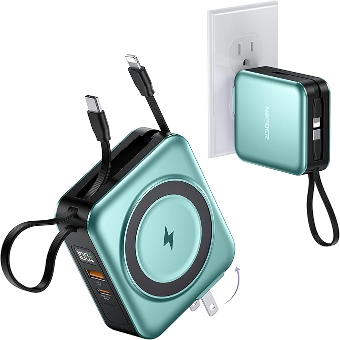 6-in-1 Magnetic Wireless Portable Charger 10000mAh – 22.5W Fast Charging with AC Wall Plug Built-in USB-C & Lightning Cables for iPhone 17/16/15/14/13/12, Android & Samsung(Green)