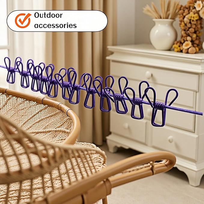 Portable Clothesline with 12 Clips - Extends 12ft, Heavy Duty Stainless Steel Hooks, Windproof for Travel/Camping/Indoor Use, Purple