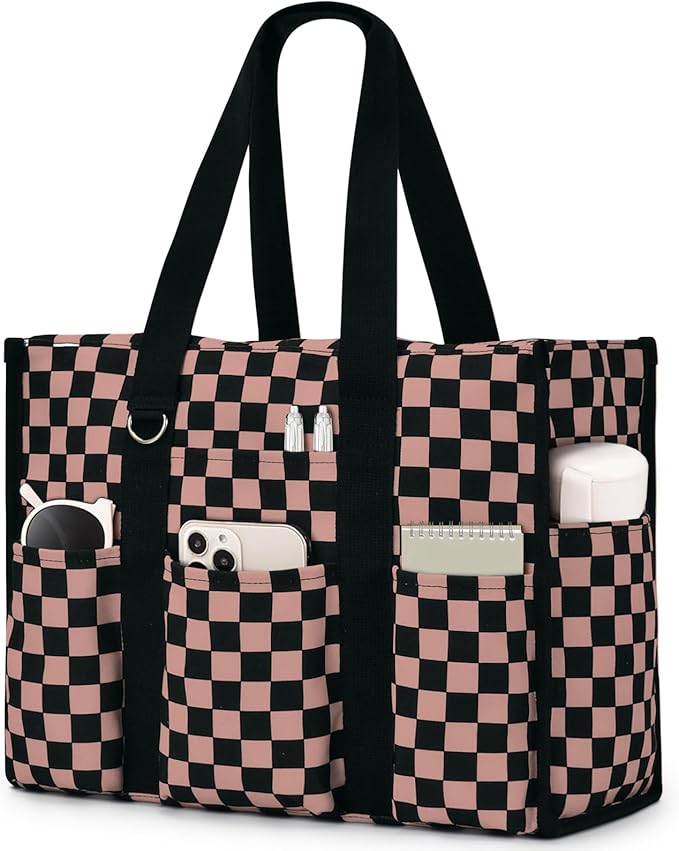 Becokan Large Tote Bag for Women Waterproof with 12 Pockets Top Zipper Closure Utility Teacher Nurse Bags for Work School