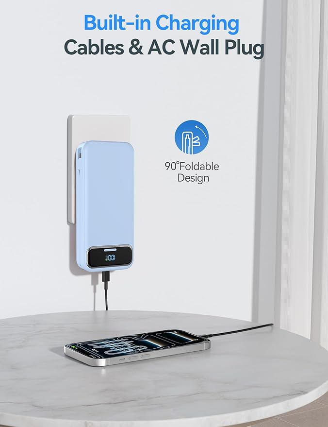 20000mAh Lightweight-Portable-Charger-Power-Bank with Built-in Cables and AC Wall Plug, PD20W USB-C Fast Charging Battery Pack, LED Display External Travel Phone Charger for All iPhone,Samsung,Android