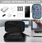 Purple Boho Flower Print Large Electronics Organizer, Travel Cord Organizer, Cable Storage Bag, Tech Accessories Case