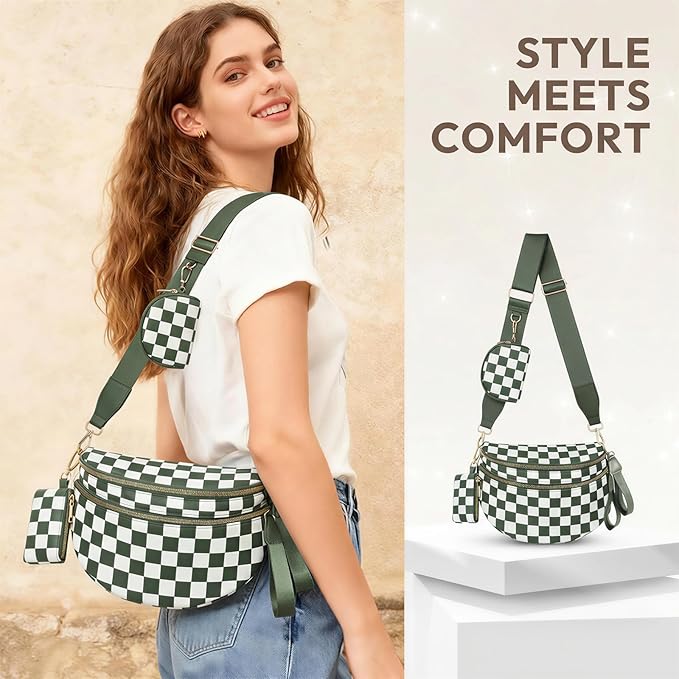 Cross Body Bag for Women Checkered Crossbody Bags Bum Bags for Women Fanny Packs for Girls Small Nylon Checkered Purse Trendy Shoulder Bag (RS-YB-Checkered Green White, One Size)