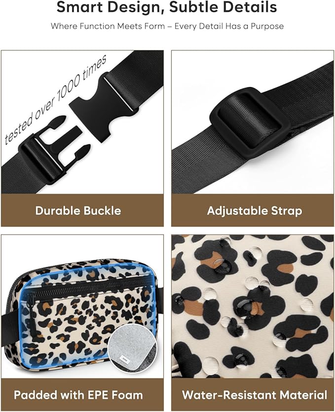 Pritent Fanny Packs for Women Cross Body Bag Waterproof Belt Bag with Adjustable Strap and Zipper Back Pocket Small Crossbody Bags Fashion Waist Packs for Workout Travelling(Leopard)