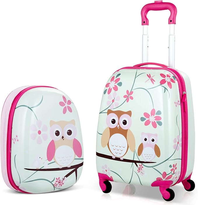 BABY JOY 2 PC Kids Luggage, 16" Toddlers Carry-on Suitcase & 12” Backpack Set, Children Travelling Case w/ 4 Casters & Retractable Handle, Lightweight Trolley Case for Boys & Girls (Owl)