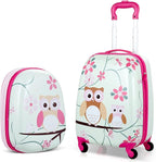 BABY JOY 2 PC Kids Luggage, 16" Toddlers Carry-on Suitcase & 12” Backpack Set, Children Travelling Case w/ 4 Casters & Retractable Handle, Lightweight Trolley Case for Boys & Girls (Owl)