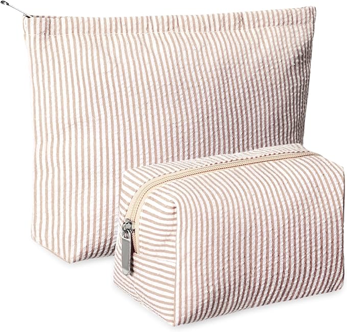 Huhumy 2 Pcs Makeup Bag Set Cute Cosmetic Pouch for Women Seersucker Travel Toiletry Bag Preppy Small Makeup Purse Pouch Aesthetic Skincare Brushes Storage Organizer for Valentine Women(Khaki)