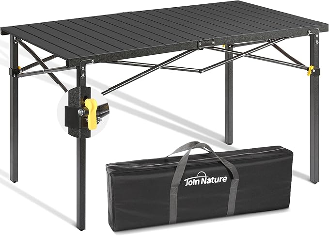 Join Nature Portable Outdoor Camping Table Large for 2-6 Person - Foldable Camp Table with Aluminum Roll-Up Top & Carry Bag for BBQ, Tailgating, Backyard, 220 Lbs Capacity, Stable & Sturdy (Black)