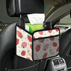 Car Backseat Organizer, PU Leather Back of Seat Cars Hanging Organizer with Pockets Leakproof Car Garbage Bag Hanging Cars Seat Storage Box Travel Accessories Foldable (White Strawberries)