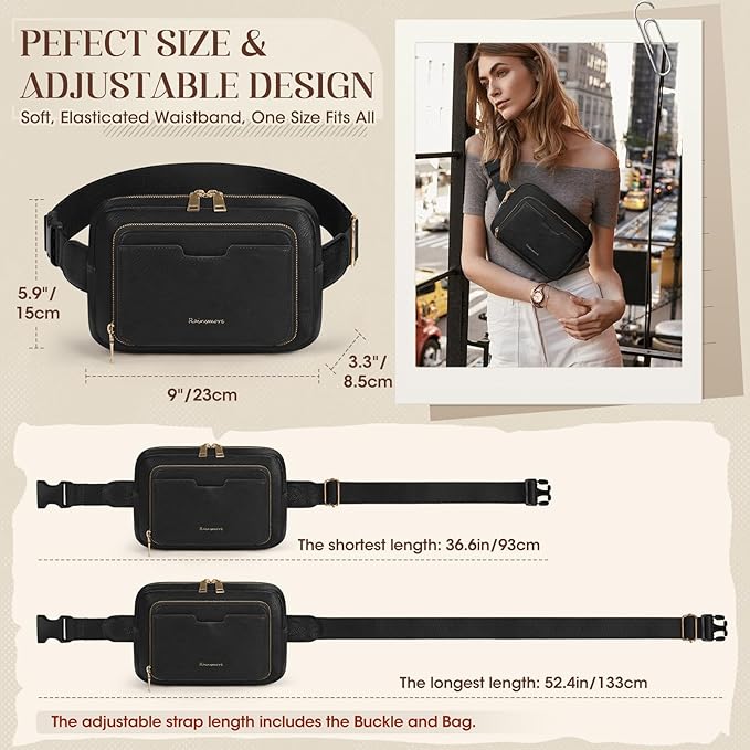 RAINSMORE Fanny Packs for Women, Leather Belt Bag Waterproof Everywhere Crossbody Waist Pack with Adjustable Strap Retro Sling Chest Bag for Work Running Travel Party, Black