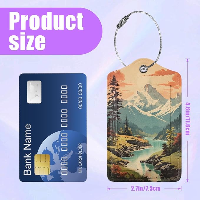 3 Pack Mountain Lake Scenery Luggage Tags for Suitcase Forest PU Leather Travel Luggage Tag Privacy Cover ID Label for Women Men Baggage Backpack Handbag School Bag