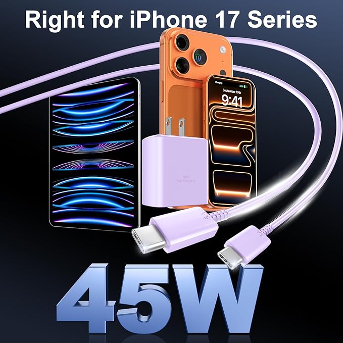Phone 17 16 Pro Max Charger Fast Charging, 45W USB C Phone 17 16 Super Fast Charger Block with 10ft Long Type C Charging Cable Cord for i.Phone 17 Pro Max/17 Pro/17 Air/17/16/16Pro/16 Pro Max-Lavender