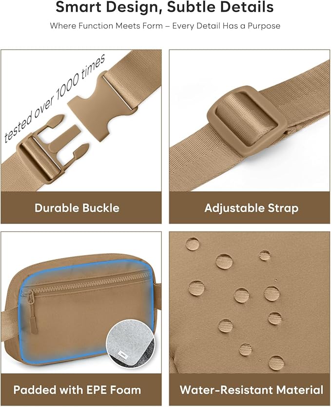 Pritent Fanny Packs for Women Cross Body Bag Waterproof Belt Bag with Adjustable Strap and Zipper Back Pocket Small Crossbody Bags Fashion Waist Packs for Workout Travelling(Khaki)