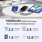 JUOVI 25w Portable Charger 10000mAh Power Bank with Built-in USB C Cable, Battery Pack Charger Portable LED Display Tavel Essential Phone Charger Compatible with iPhone 17/16/15 Series, Samsung, iPad