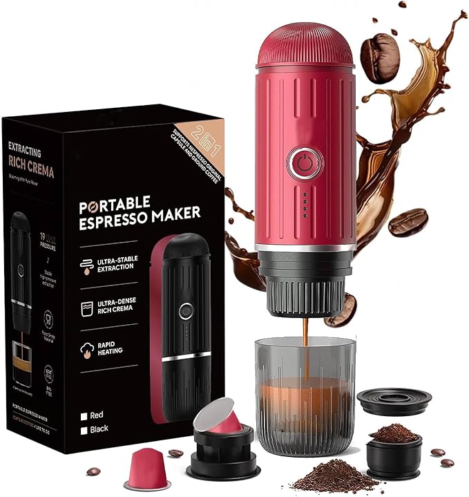 Portable Espresso Machine with 3-4 Min Self-heating, 7800mAh Rechargeable Electric Coffee Machine 19 Bar Compatible with NS Capsules and Ground Coffee (Red)