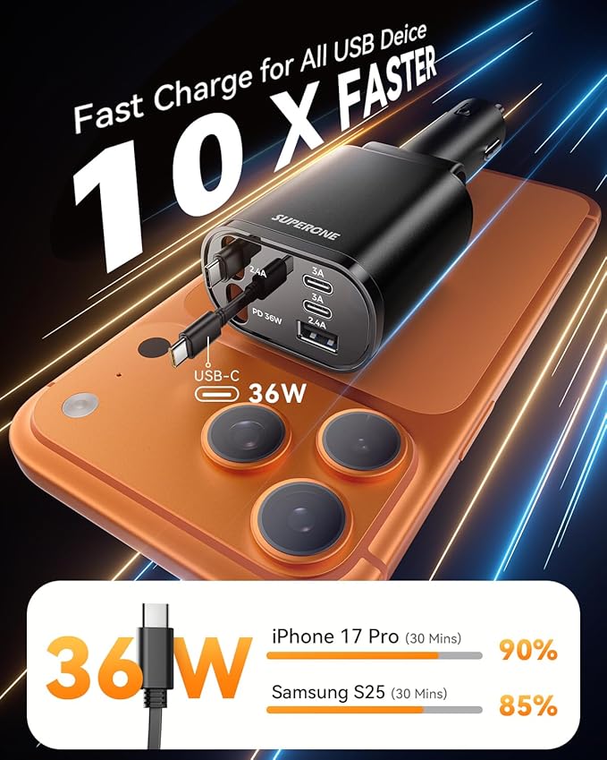 SUPERONE 90W Retractable Car Charger with Dual Type C Cables, Car Adapter USB C Fast Charger, 5-in-1 Multi Port Fast Charging Compatible with iPhone 17 16 15 14 13 12, Galaxy, Pixel, iPad - Black