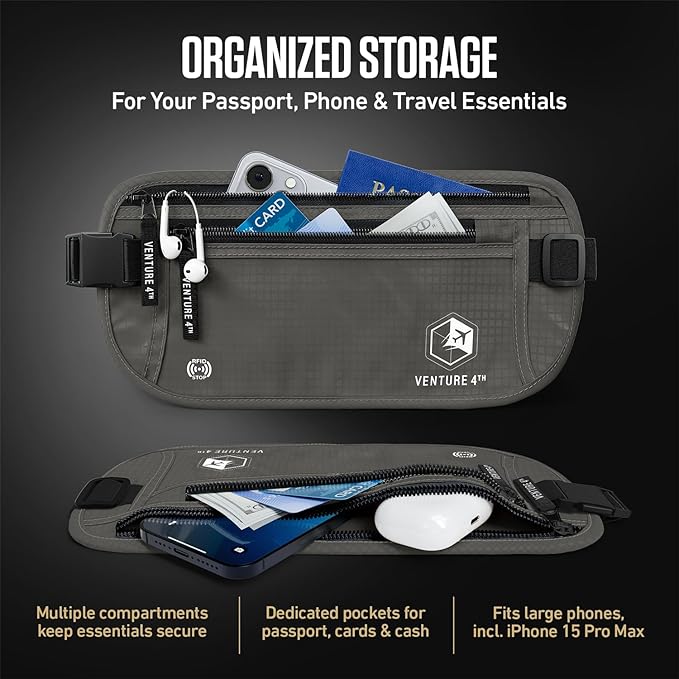 VENTURE 4TH Money Belt for Travel – Slim Hidden Under-Clothes RFID Blocking Anti-Theft Passport Holder & Travel Wallet Pouch for Men & Women to Protect Cash, Cards & Documents (Gray)