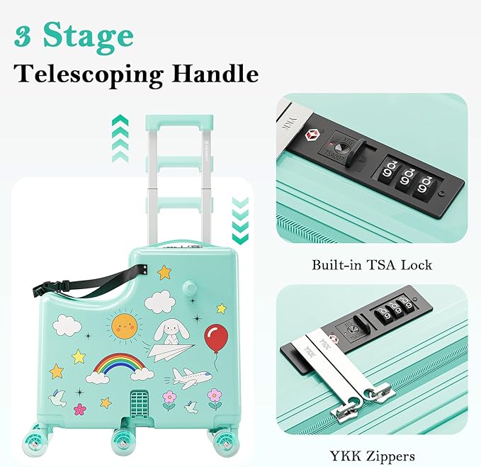 Ride-On Suitcase for Kids Carry On Luggage, Hard Shell Kids Travel Suitcase with 6 Spinner Wheels, TSA Lock, Safety Belt, Foldable Pedal & Cup Holder, Kids Riding Luggage, Green
