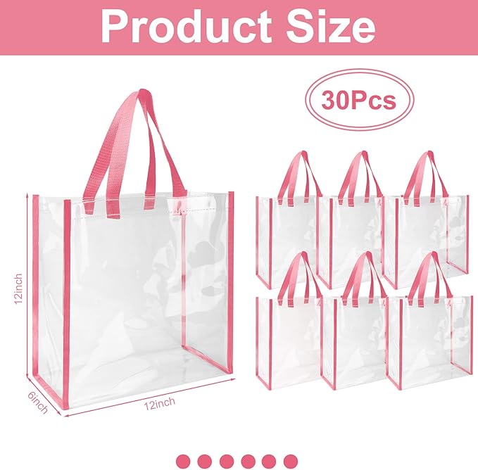 Eccliy 30 Pack 12x12x6 Inch Clear Tote Bag Stadium Approved Bulk Plastic Beach Tote Gift Bag with Handle for Gym Sports | 30 Pack, 12x12x6 Inch, Stadium Approved, Bulk, with Handle, Tote Gift Bag