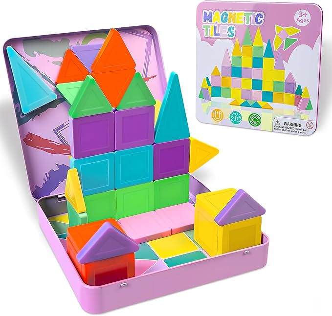 Magnetic Tiles,60PCS Magnetic Building Blocks with Metal Storage Box,Magnetic Tiles for Kids Ages 3+,Magnet Tiles for Boys & Girls(Macaron)