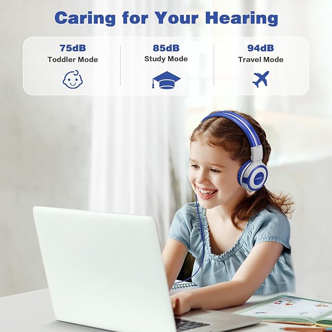 SIMOLIO On-Ear Headphones Kids for School with Wire, 75dB,85dB,94dB Volume Limited, Wired Headphones for Kids with Microphone, Great Choice for Classroom,Tablet,Airplane,Travel (Grey)